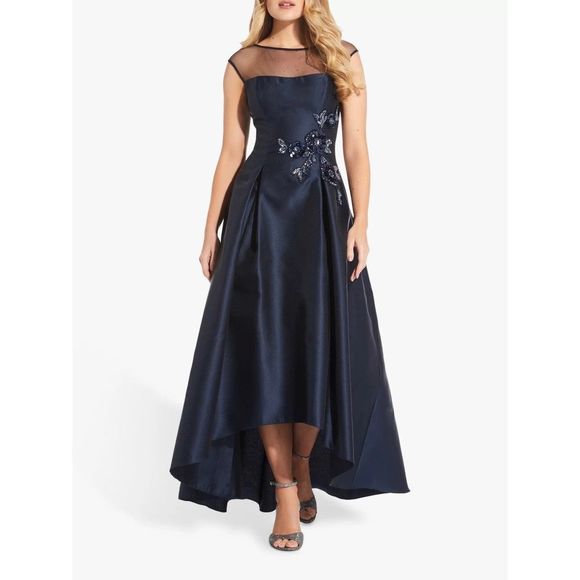 Adrianna Papell Mikado Illusion Evening Gown Dress 4 Midnight Wedding Prom